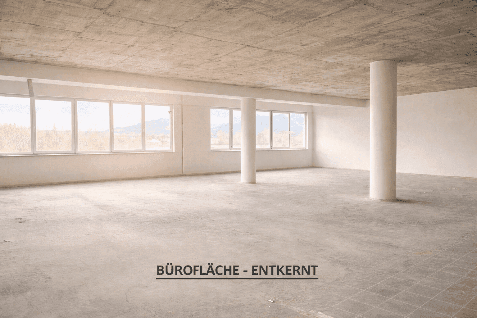 Entkernte Bürofläche mit Betonboden und -decke, großen Fenstern und tragenden Säulen.