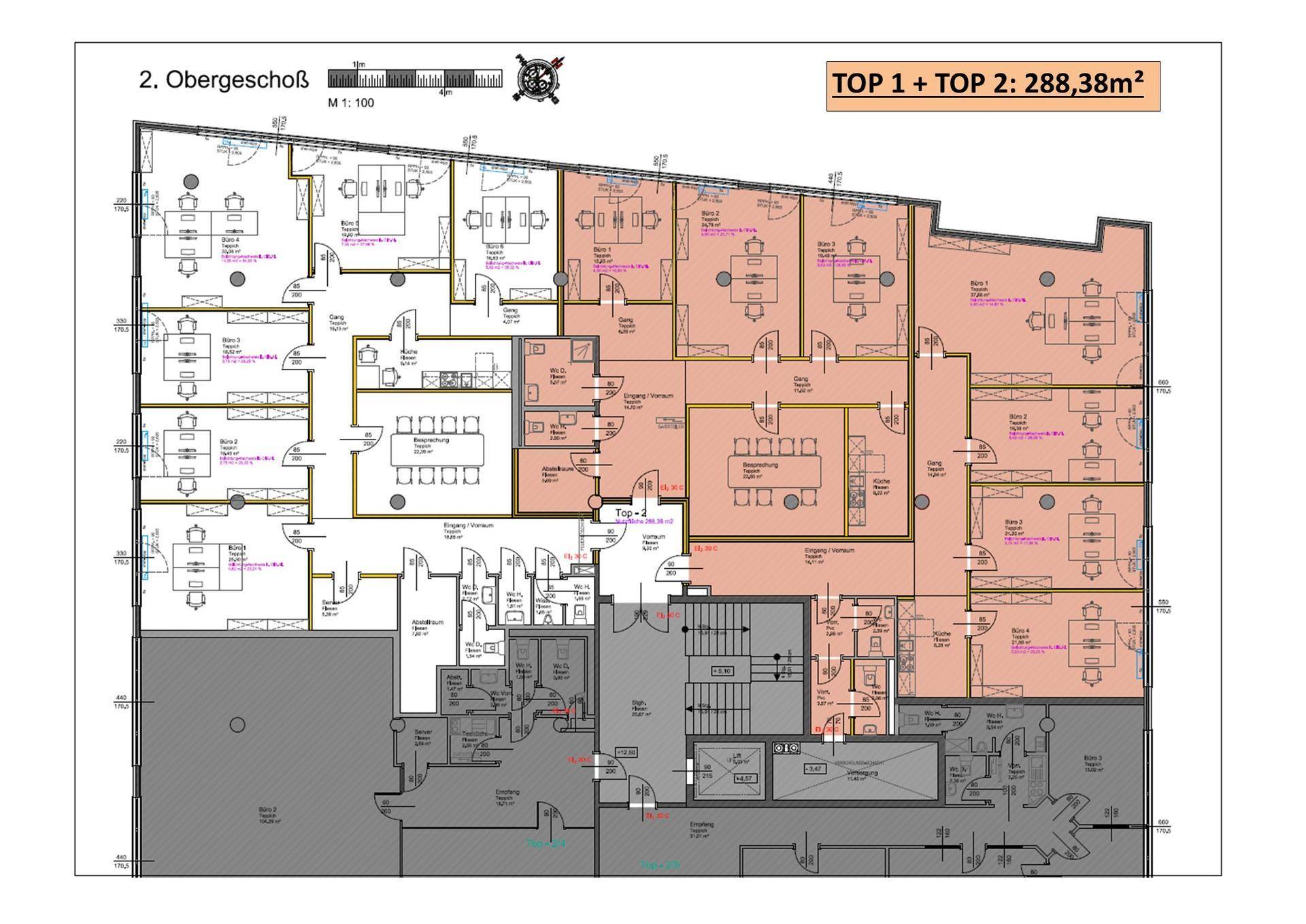 Grundriss des zweiten Obergeschosses mit Büroeinheiten und einer Gesamtfläche von 288,38m².