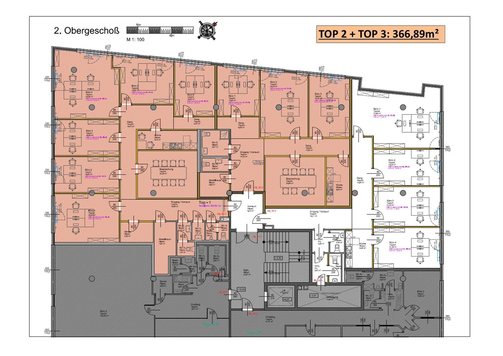 Grundriss des zweiten Obergeschosses mit verschiedenen Bürobereichen und einer Gesamtfläche von 366,89m².