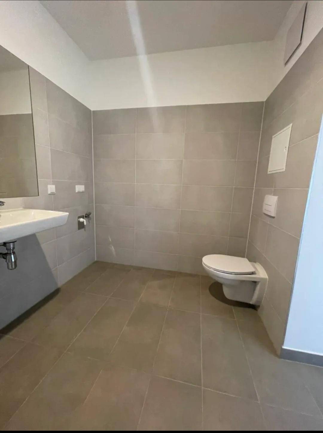 Helles Badezimmer mit grauen Fliesen, wandhängendem WC und modernem Waschbecken.