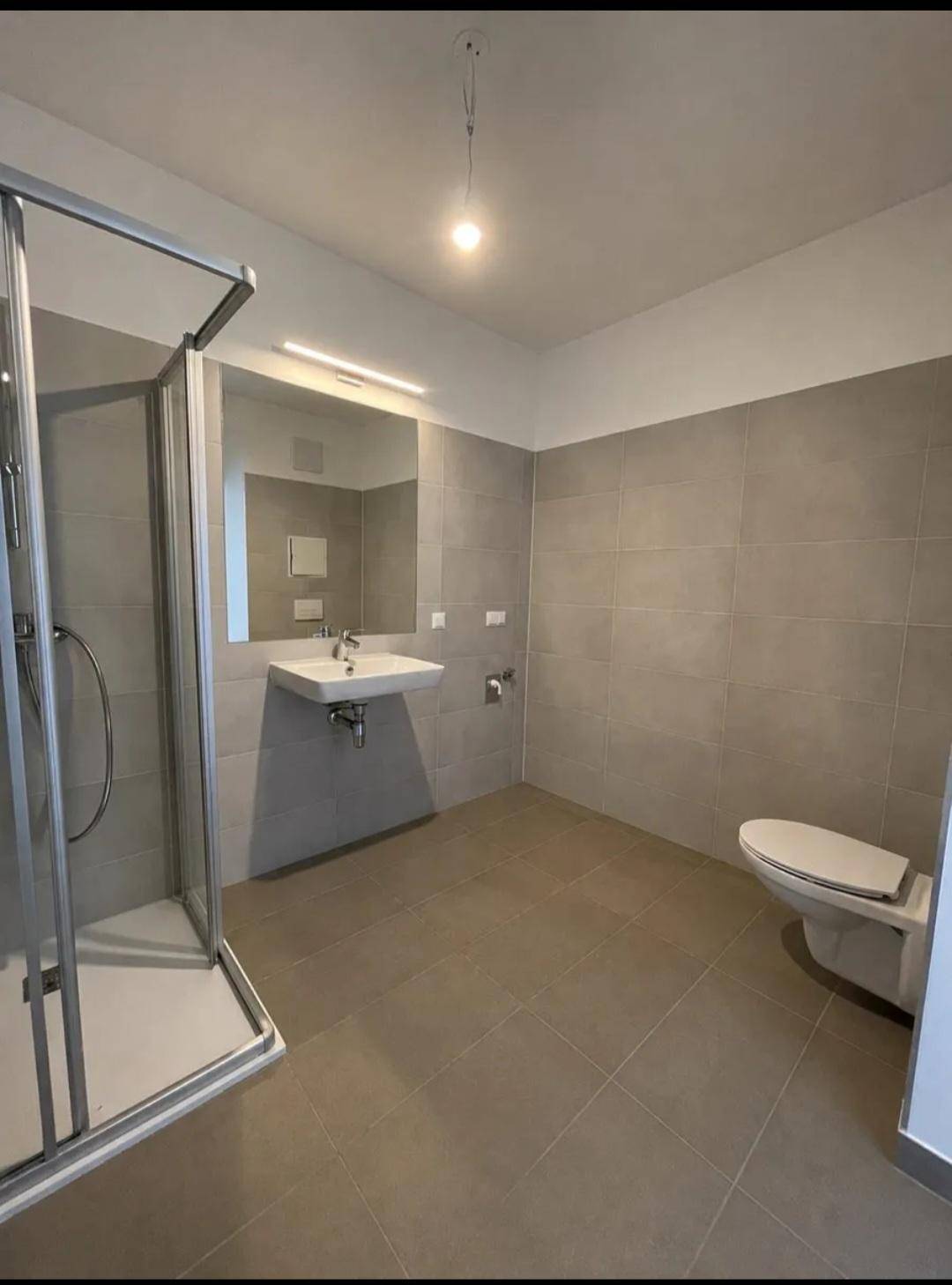 Modernes Badezimmer mit grauen Fliesen, Duschkabine und wandhängendem WC.