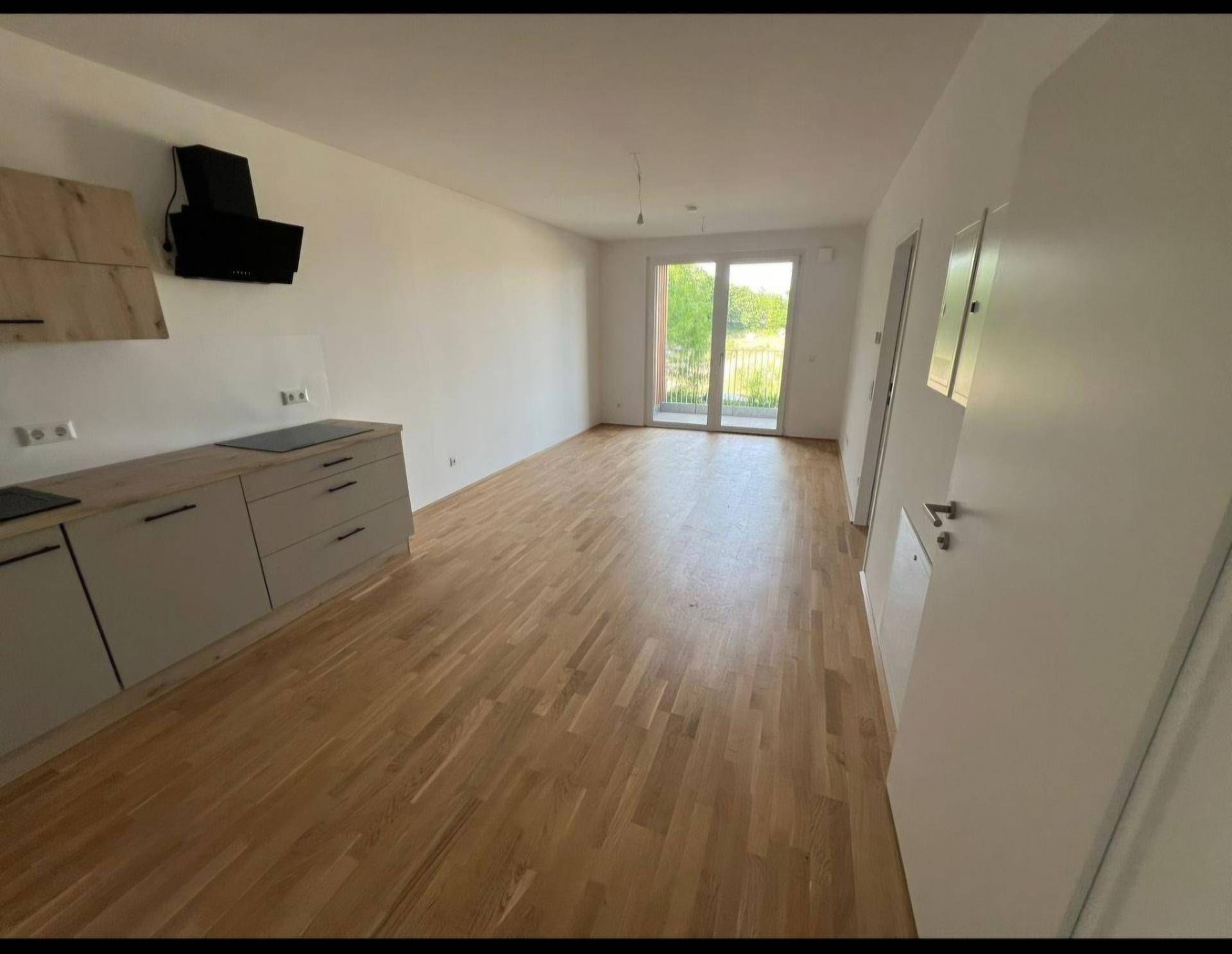 Offener Wohnbereich mit Küchenzeile, Holzboden und Zugang zum Außenbereich.