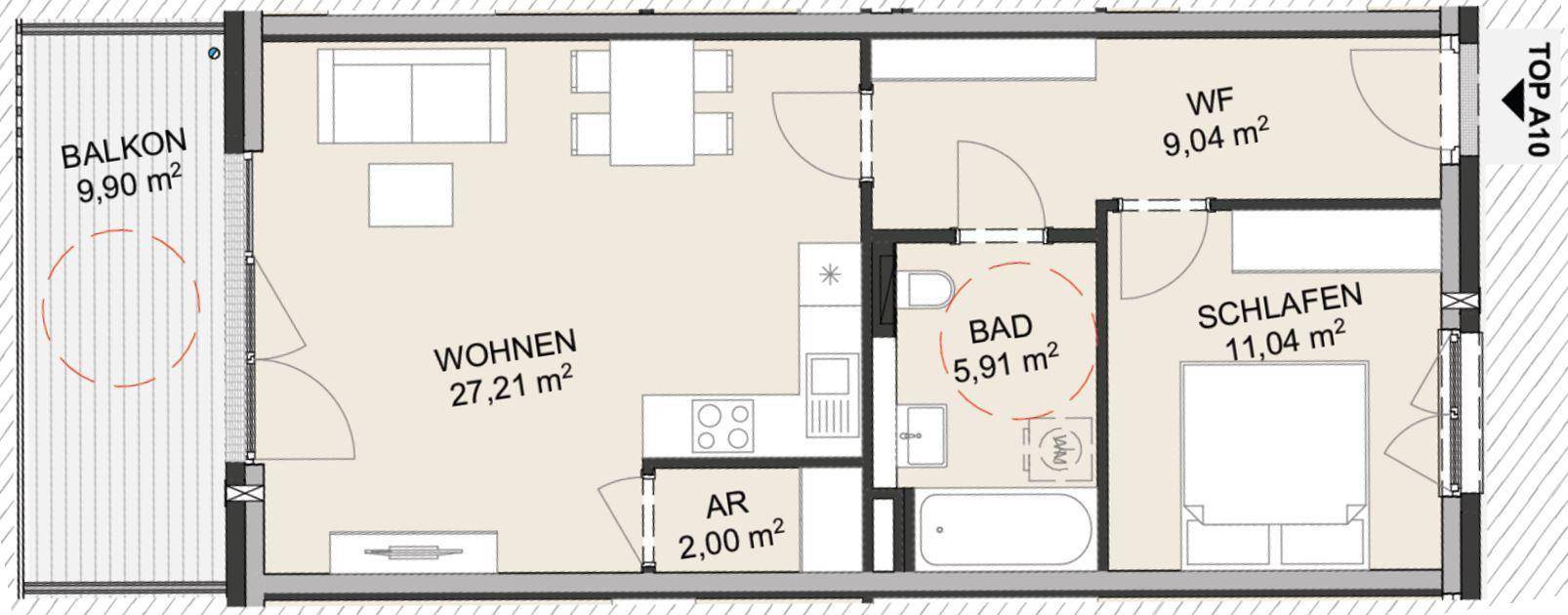 Grundriss einer Wohnung mit Balkon, Wohnbereich, Bad und Schlafzimmer.