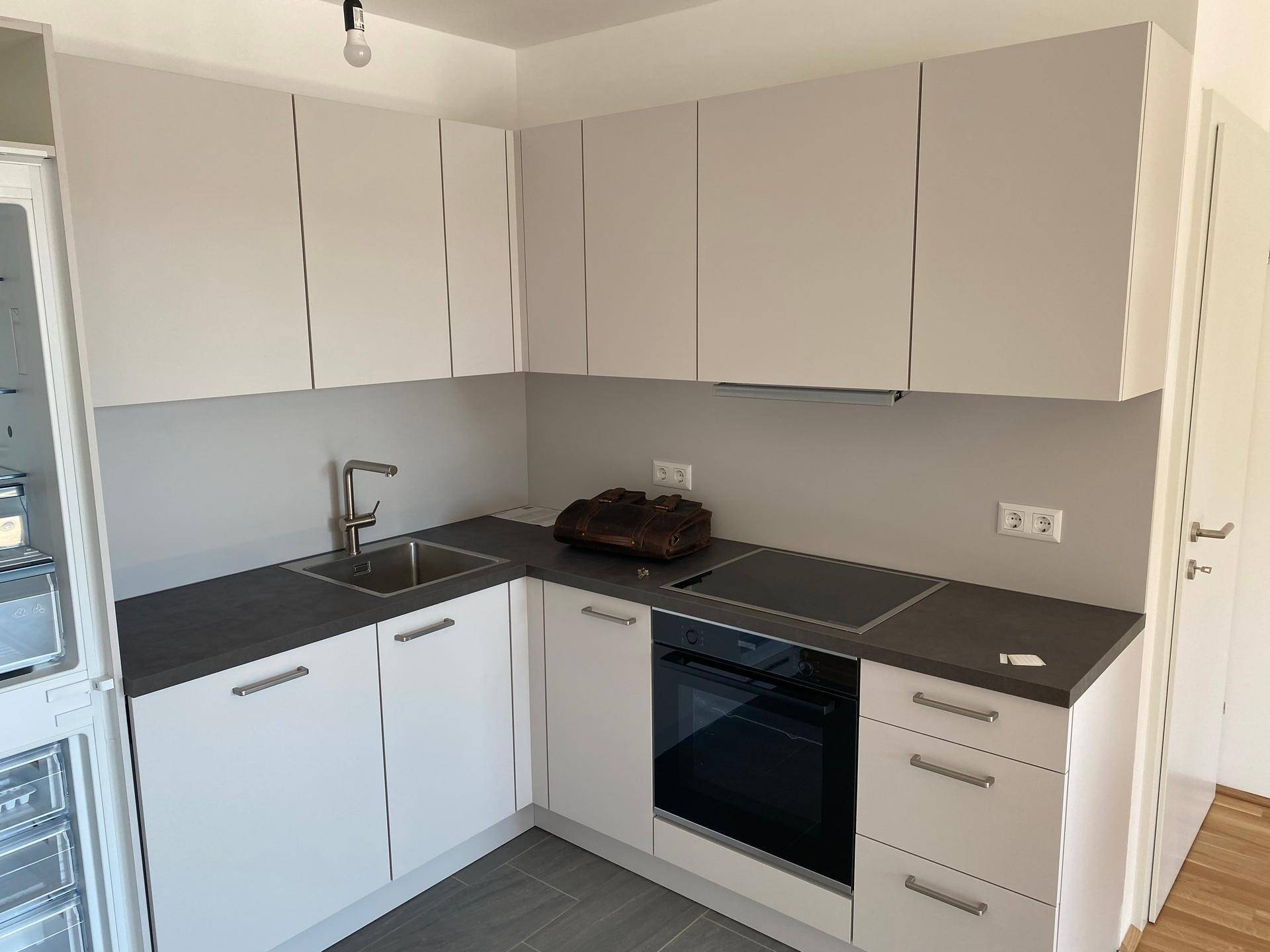 Detailansicht der modernen Einbauküche mit Induktionskochfeld, Backofen und integriertem Kühlschrank.