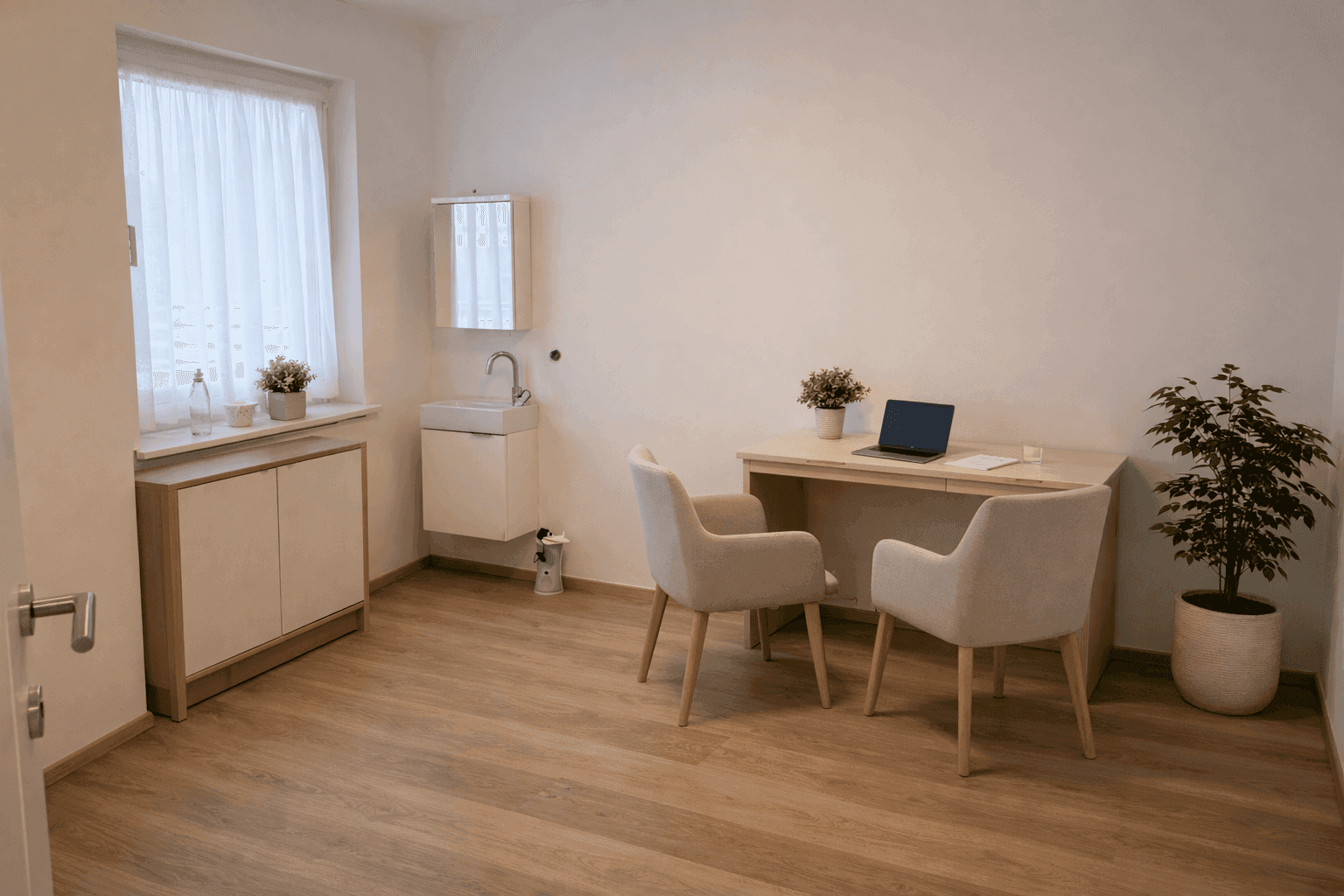 Freundliches Büro oder Behandlungszimmer mit Schreibtisch, zwei Stühlen und einem kleinen Waschbecken.