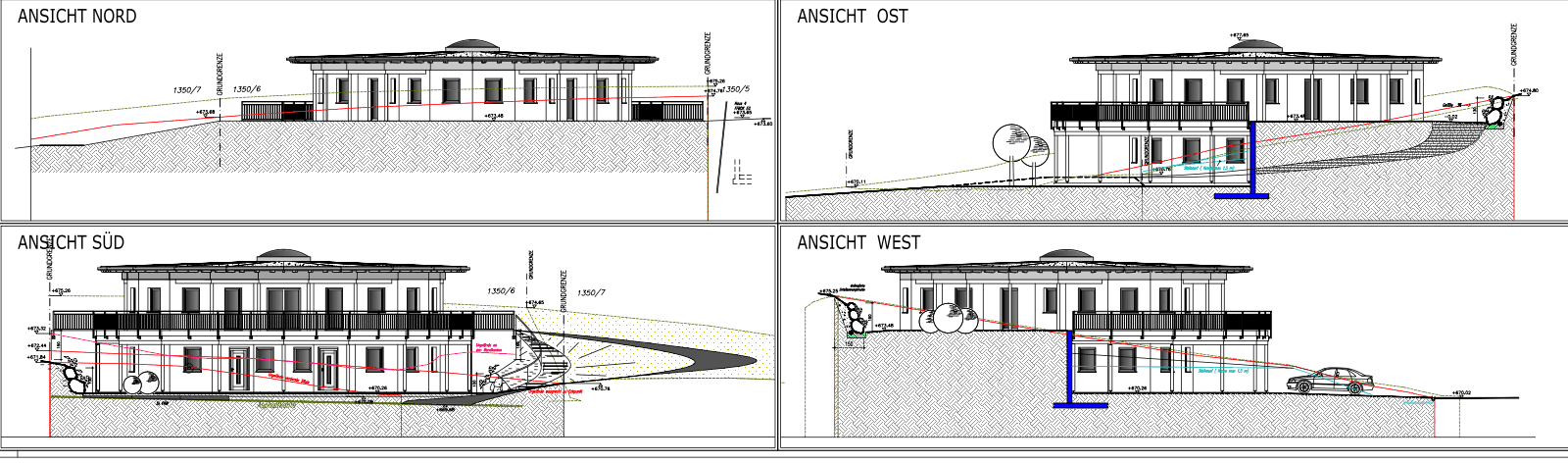 Architektonische Ansichten des Gebäudes von Nord, Ost, Süd und West mit Gelände und Zufahrt.