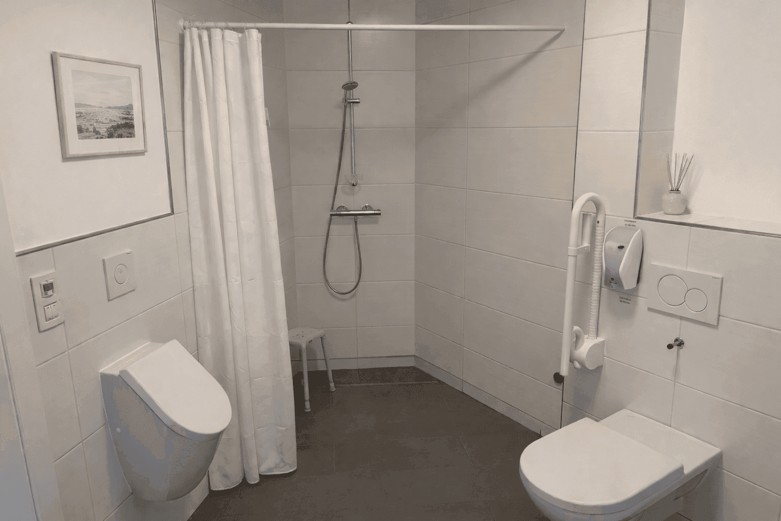 Barrierefreies Badezimmer mit Dusche, zwei Toiletten und Haltegriffen für zusätzliche Unterstützung.