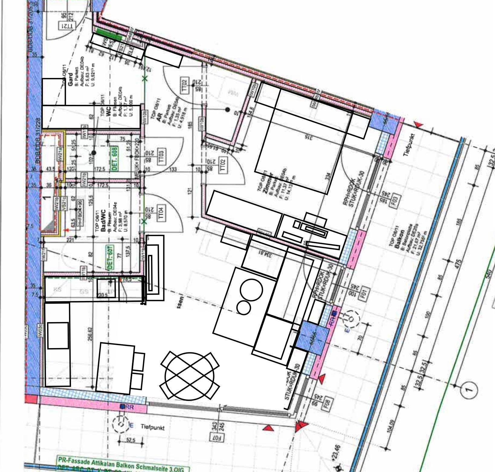 Detaillierter Grundriss einer Wohnung mit mehreren Zimmern und Balkon.