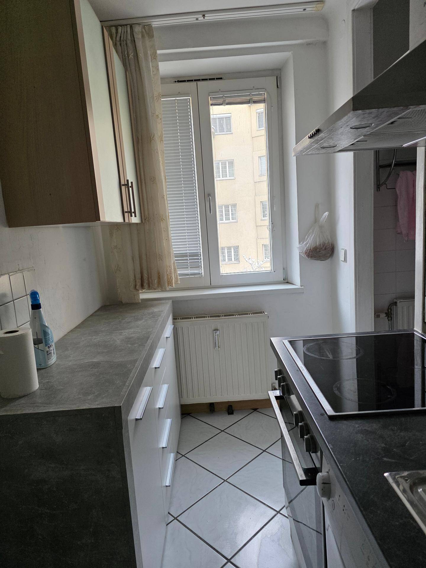 Kleine Küche mit Induktionskochfeld, Backofen und Dunstabzugshaube, hell durch das Fenster.
