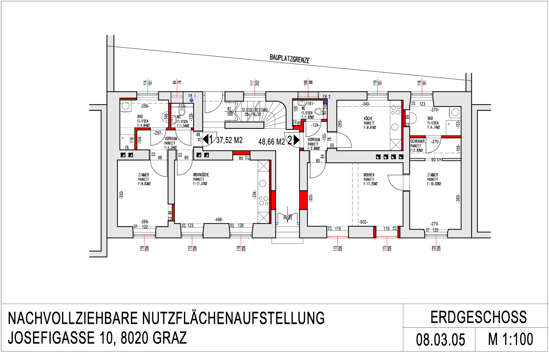 Grundriss des Erdgeschosses mit mehreren Wohneinheiten und Zimmern.