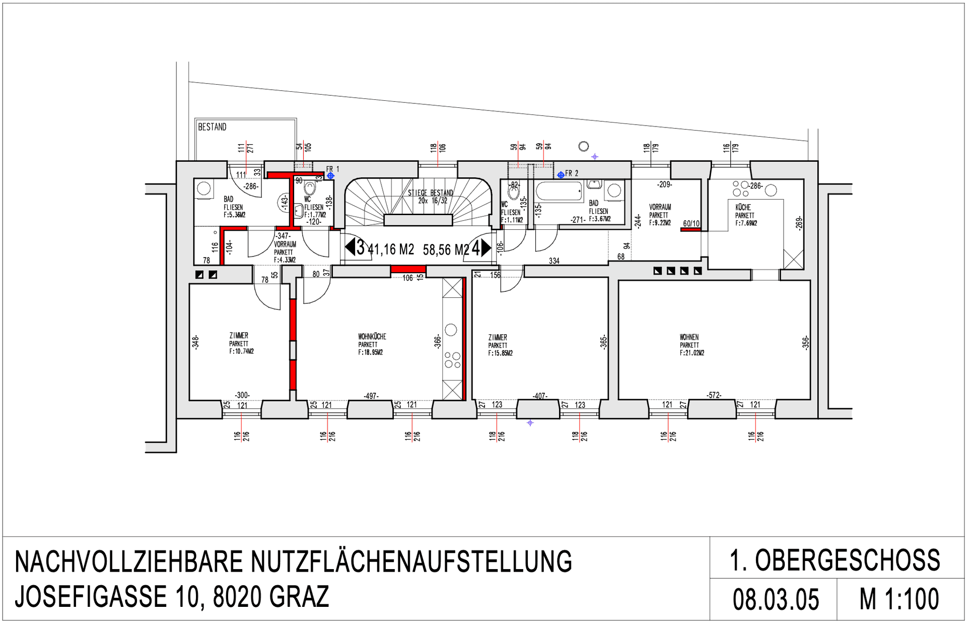 Grundriss des 1. Obergeschosses mit mehreren Wohneinheiten und Zimmern.