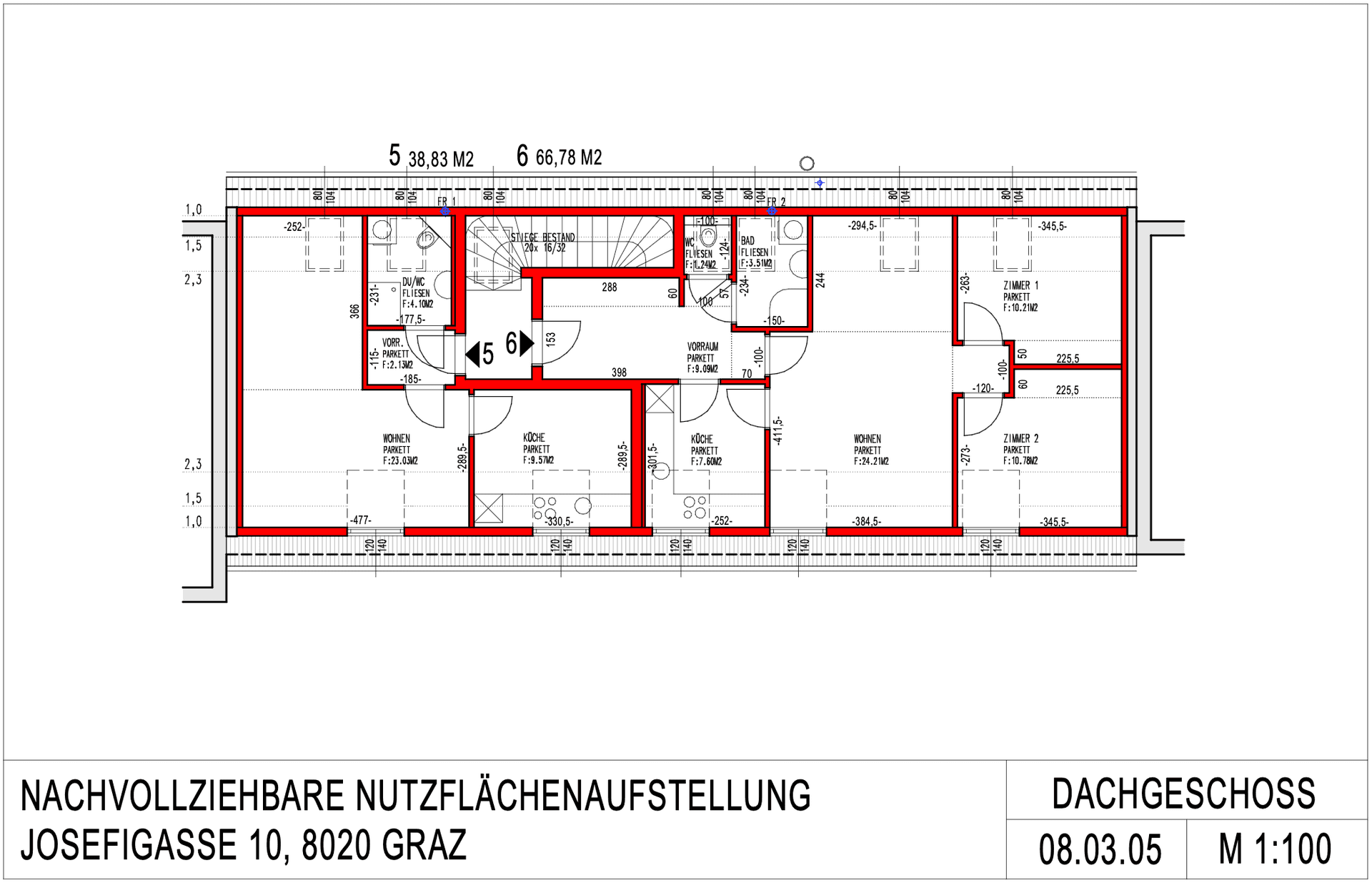 Grundriss des Dachgeschosses mit mehreren Wohneinheiten und Zimmern.