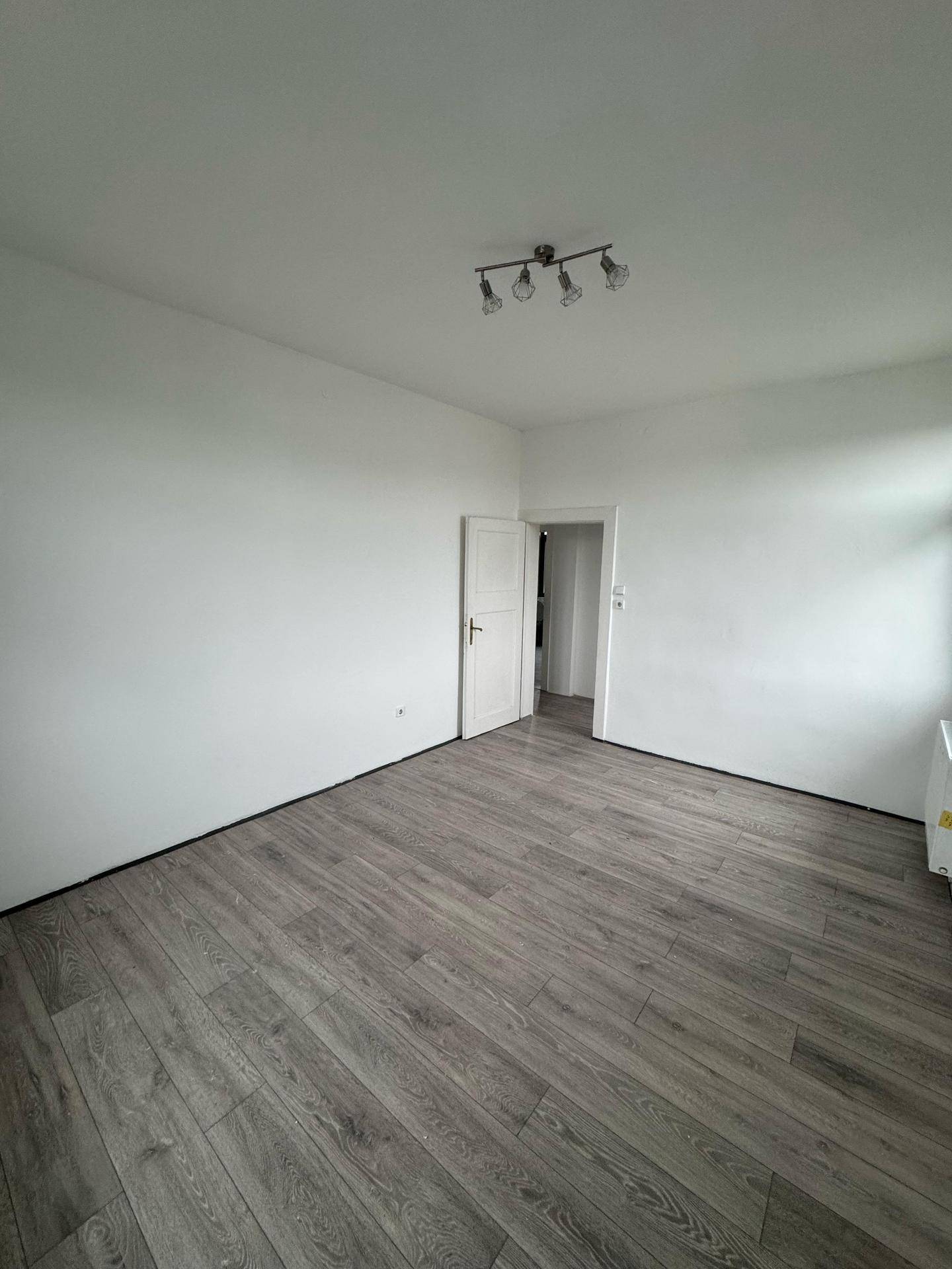 Leeres Zimmer mit Laminatboden, weißen Wänden und Zugang zu einem weiteren Raum.
