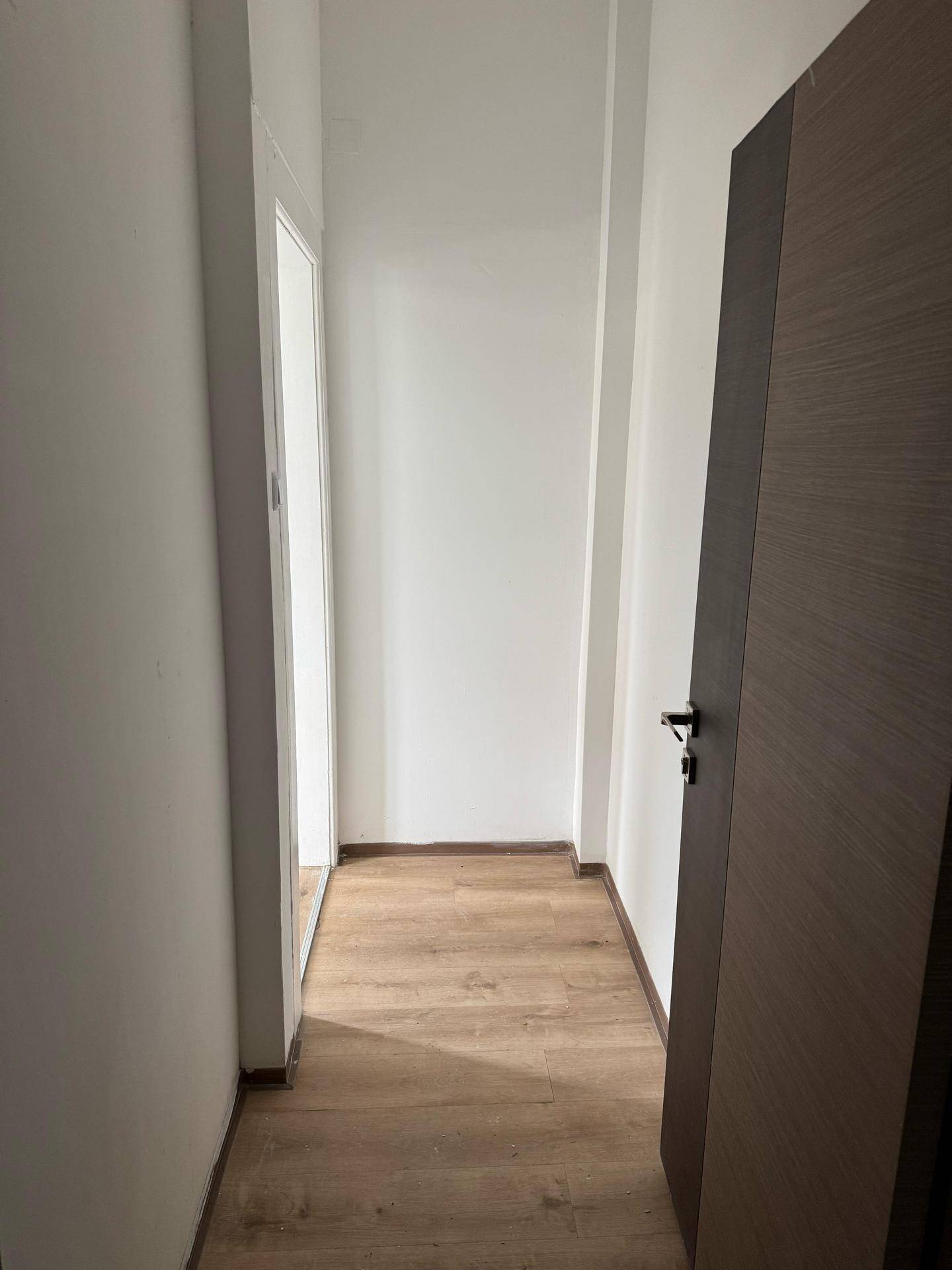 Schmaler Flur mit Laminatboden, weißen Wänden und dunkler Holztür.