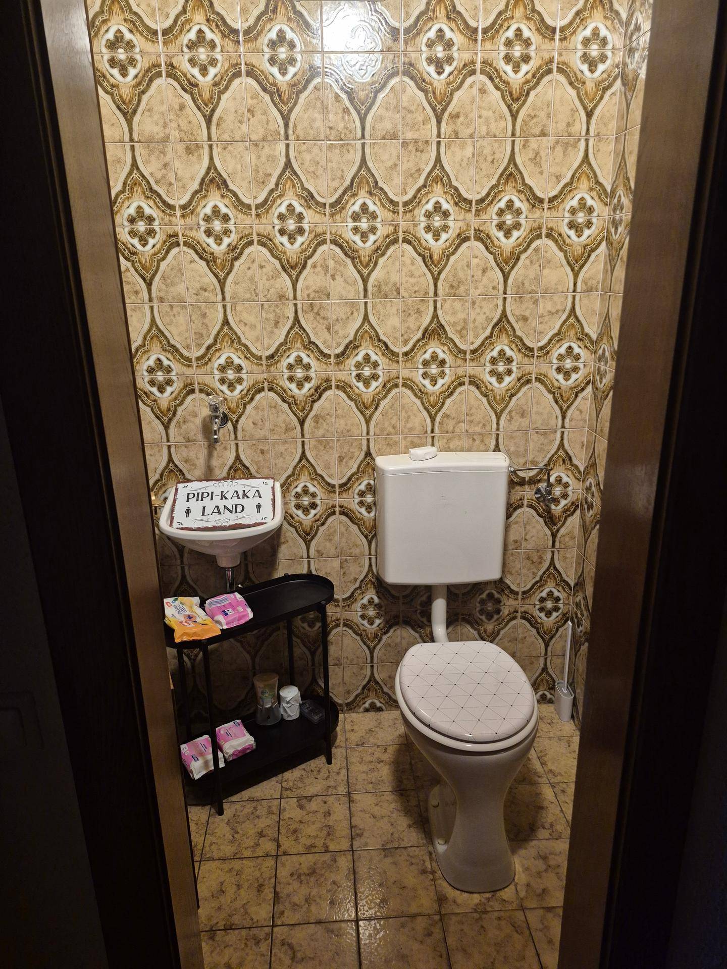 Kleines WC mit gemusterten Fliesen, Toilette und kleinem Handwaschbecken.