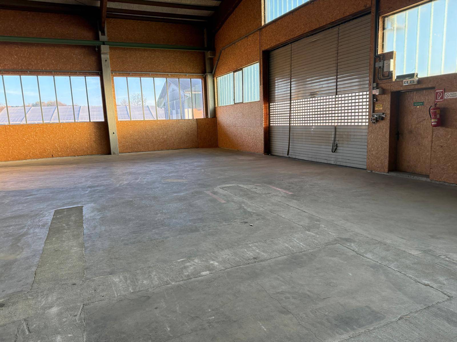 Helle Industriehalle mit großen Fenstern und einem Rolltor, ideal für Lagerung oder Produktion.