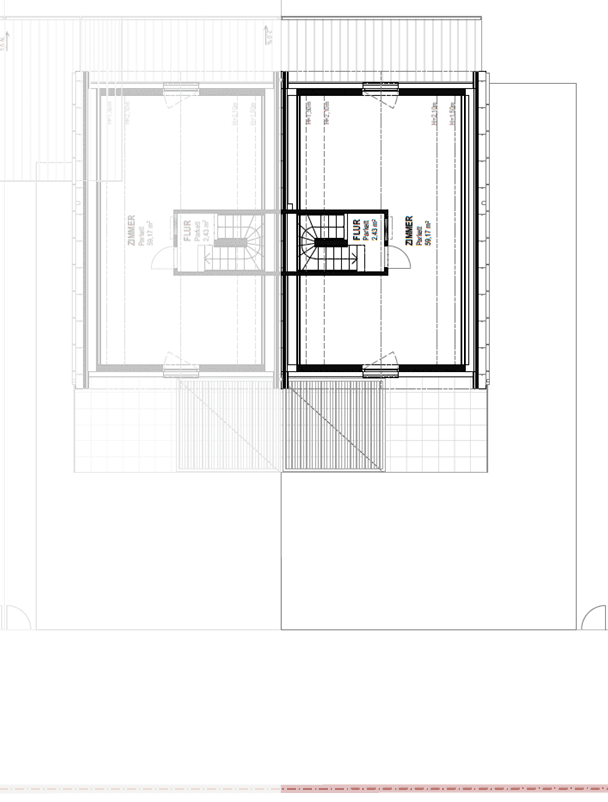 Grundriss des Dachgeschosses mit einem großen Zimmer und Flur, gekennzeichnet durch Dachschrägen.