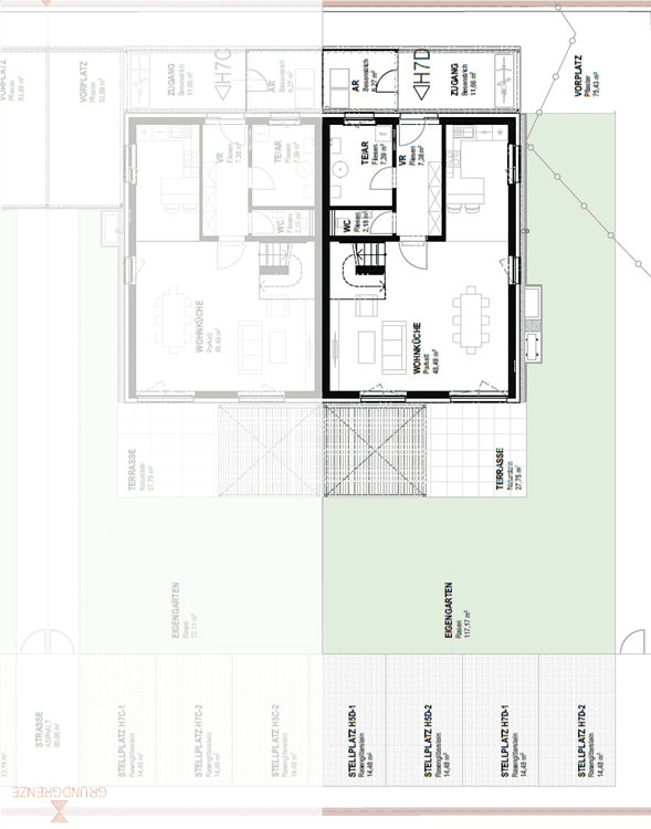 Grundriss des Erdgeschosses mit offenem Wohnbereich, integrierter Küche und Zugang zur Terrasse und Garten.
