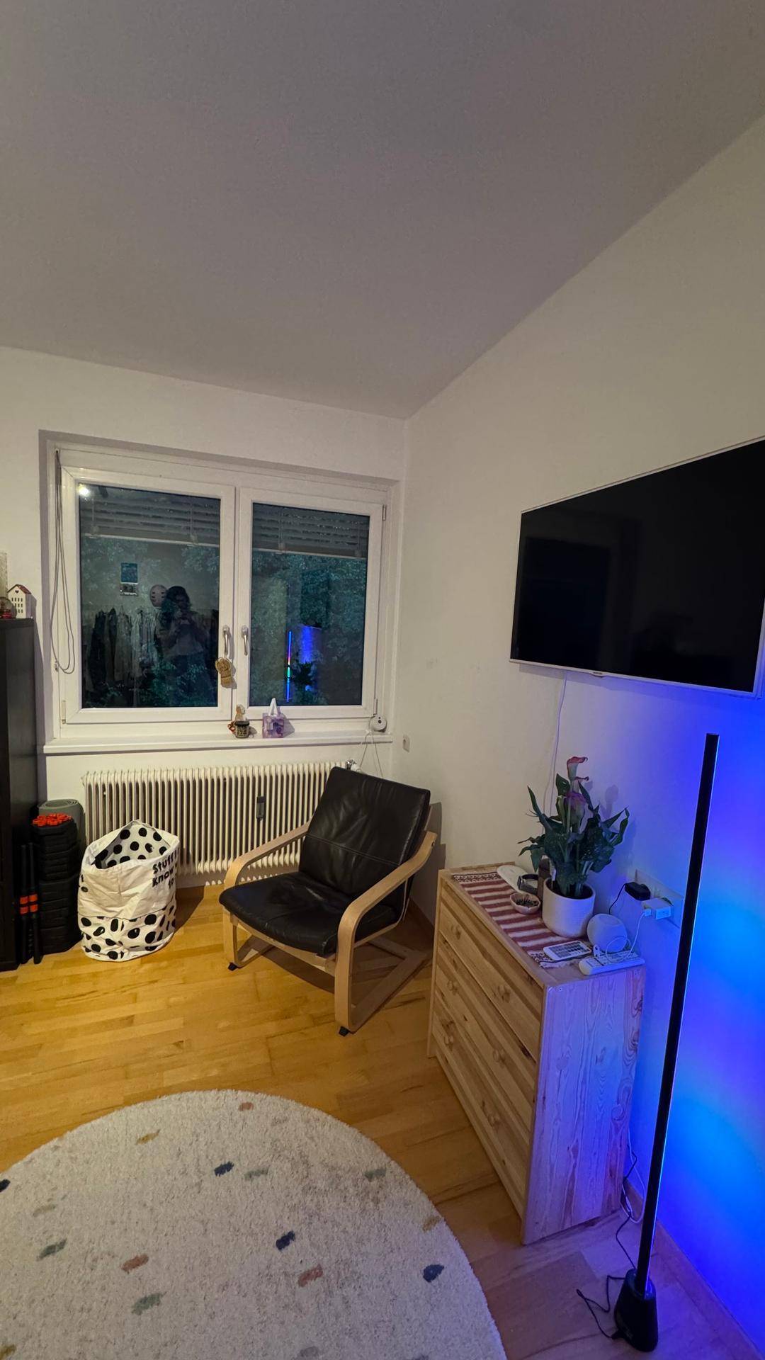 Gemütlicher Bereich mit Fenster, Heizkörper, Sessel und wandmontiertem Fernseher auf Parkettboden.