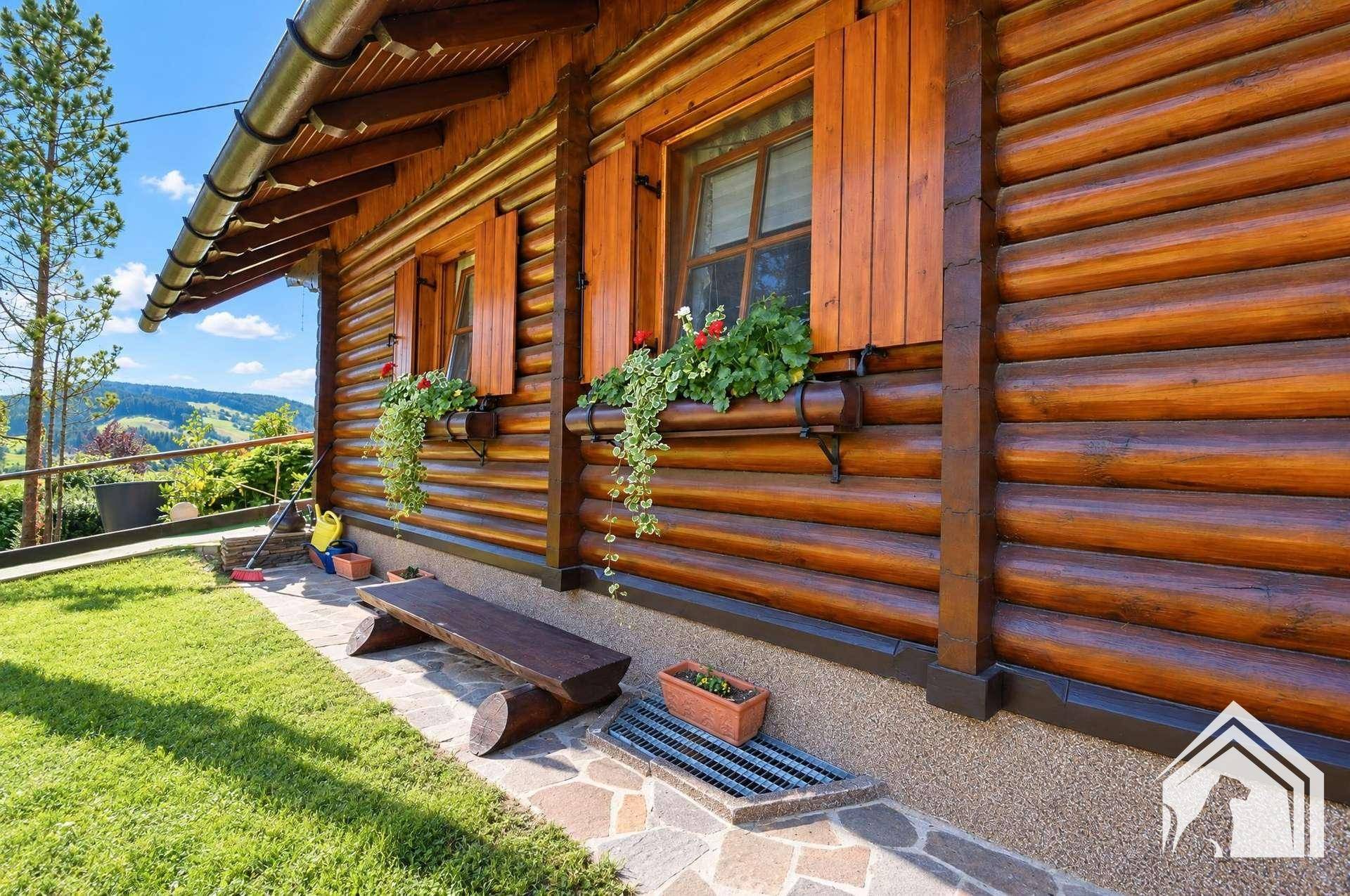 Detailansicht der Holzfassade mit Fensterläden und Blumenkästen unter der Dachtraufe.