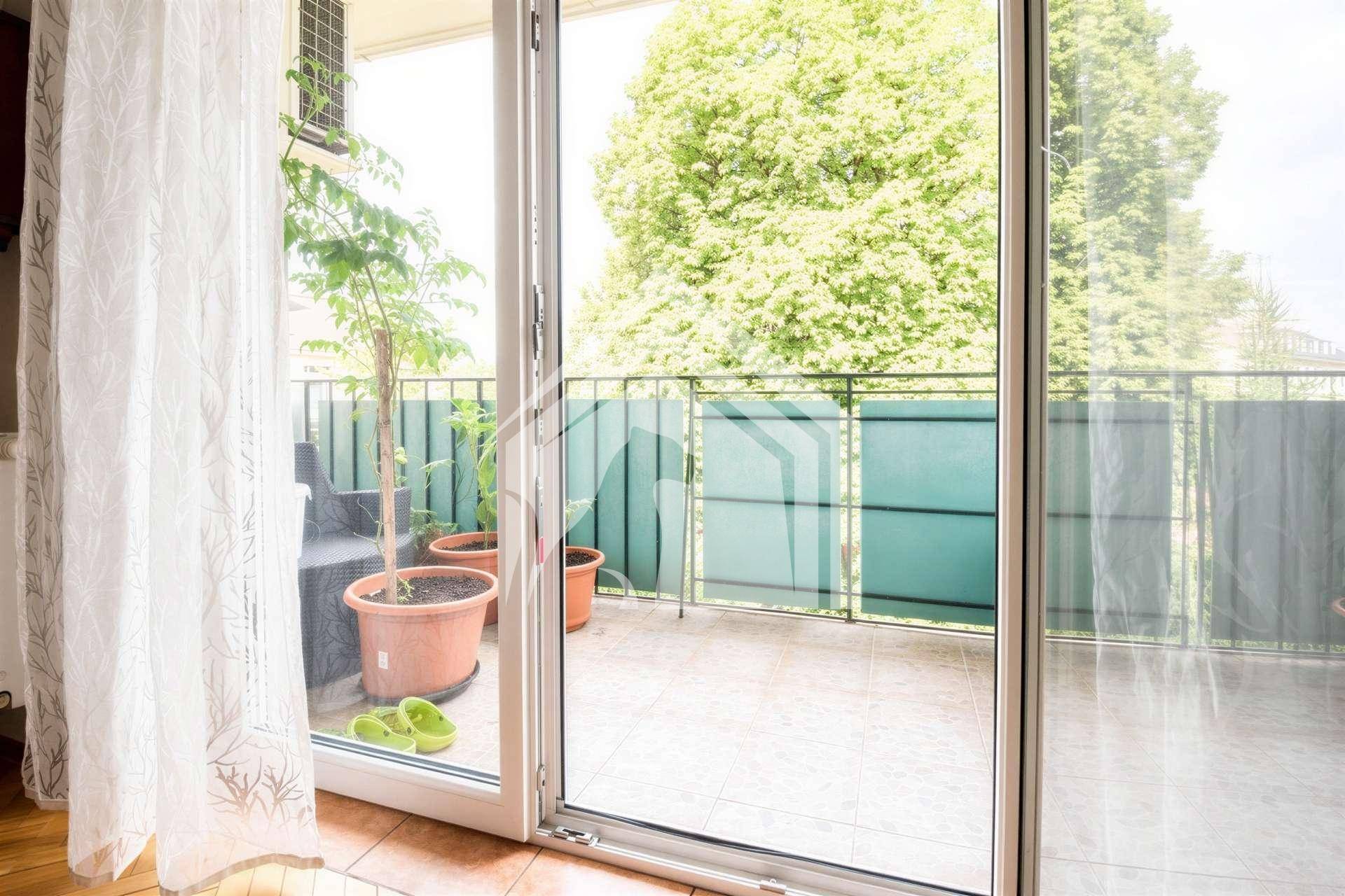 Blick aus einem Innenraum auf den Balkon mit Topfpflanzen und Sichtschutz.