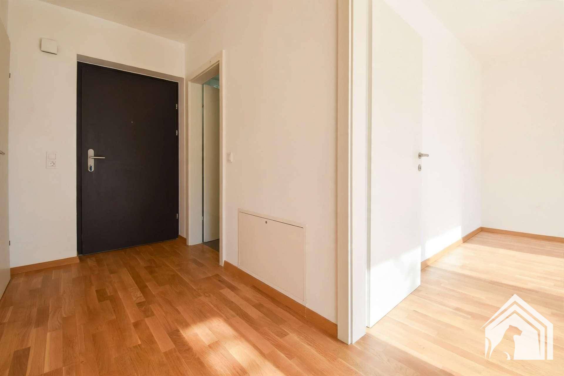 Eingangsbereich mit Holzboden und mehreren Türen, die zu den verschiedenen Räumen führen.