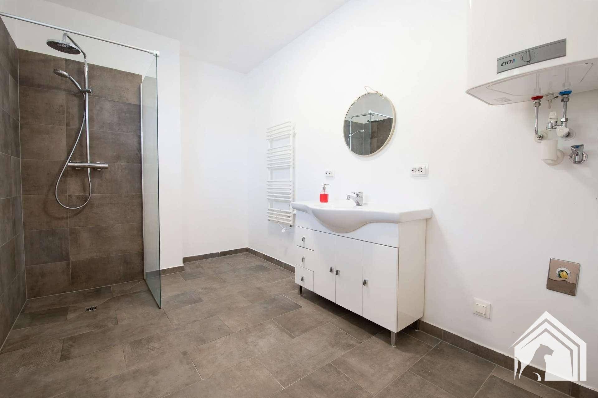 Geräumiges Badezimmer mit moderner Dusche, Waschtisch und Warmwasserboiler an der Wand.