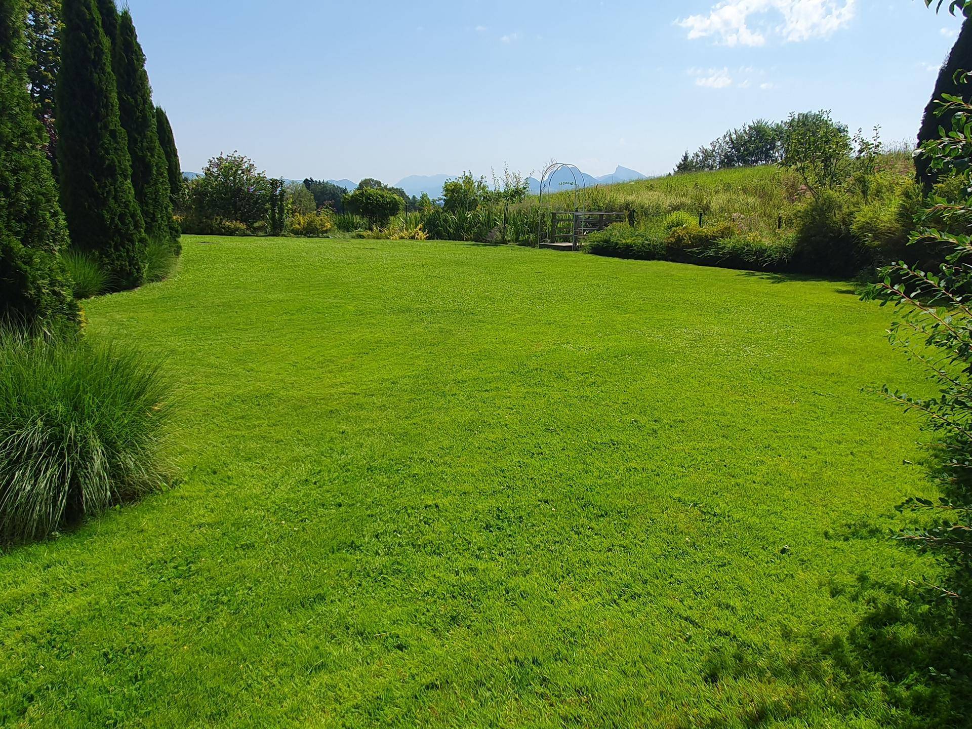 Weitläufige, gepflegte Rasenfläche im Garten mit Blick auf die umliegende Natur und Berge im Hintergrund.