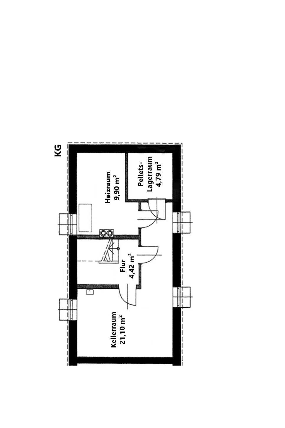 Grundriss des Kellergeschosses mit Heizraum, Pelletslagerraum und weiterem Kellerraum.