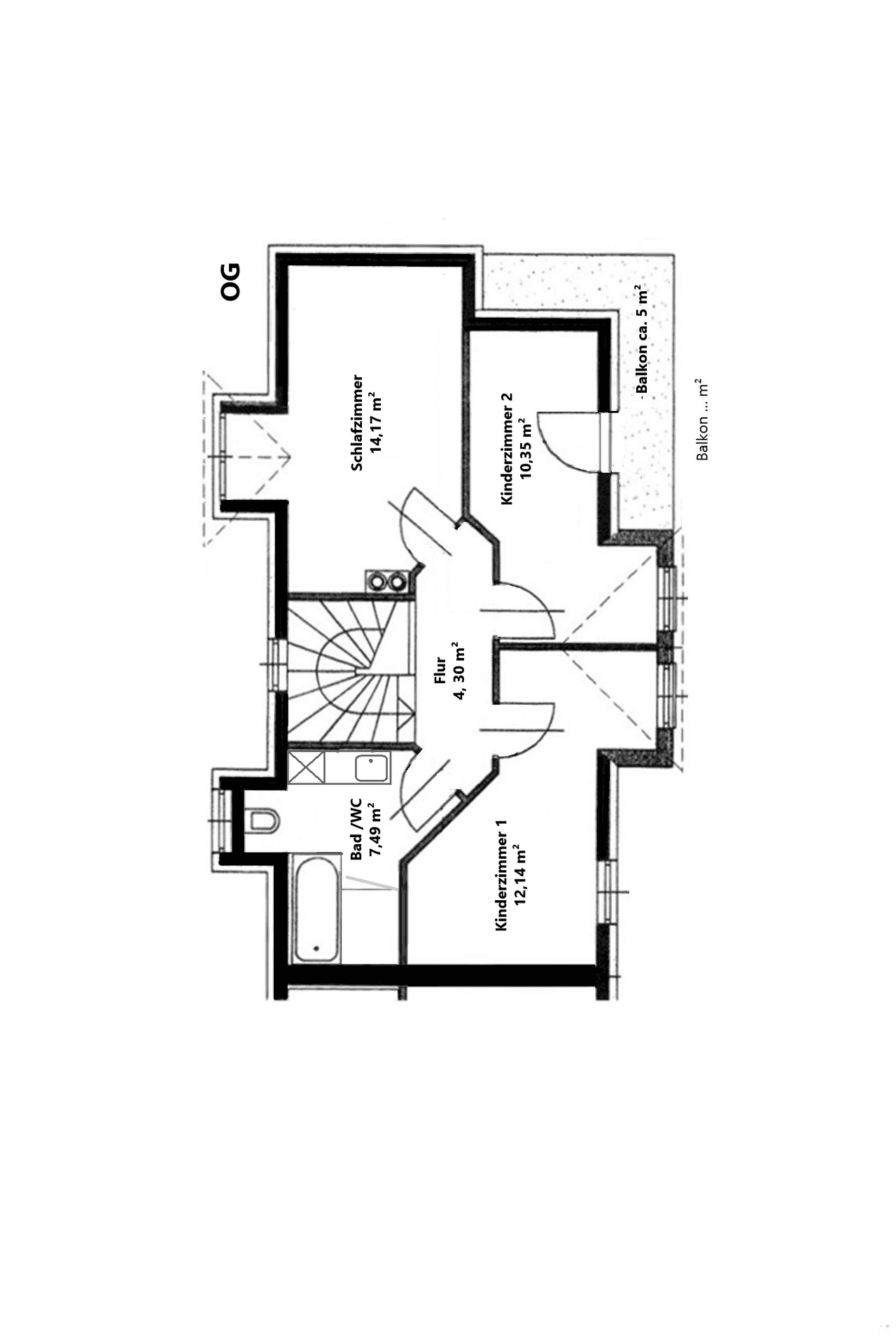 Grundriss des Obergeschosses mit drei Schlafzimmern, Bad und Balkon.