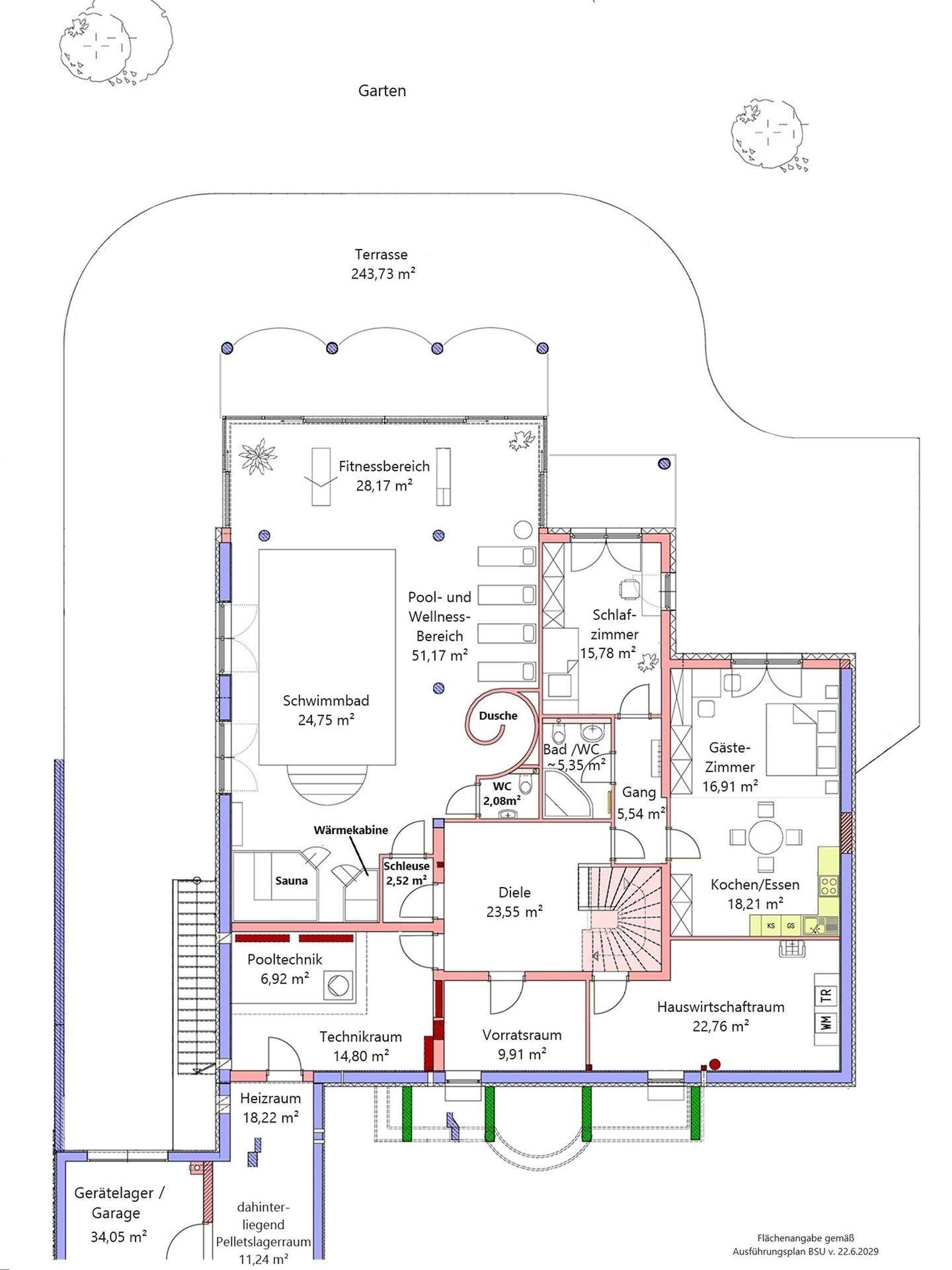 Grundriss des Untergeschosses mit Wellnessbereich, Pool, Sauna und weiteren Räumen.