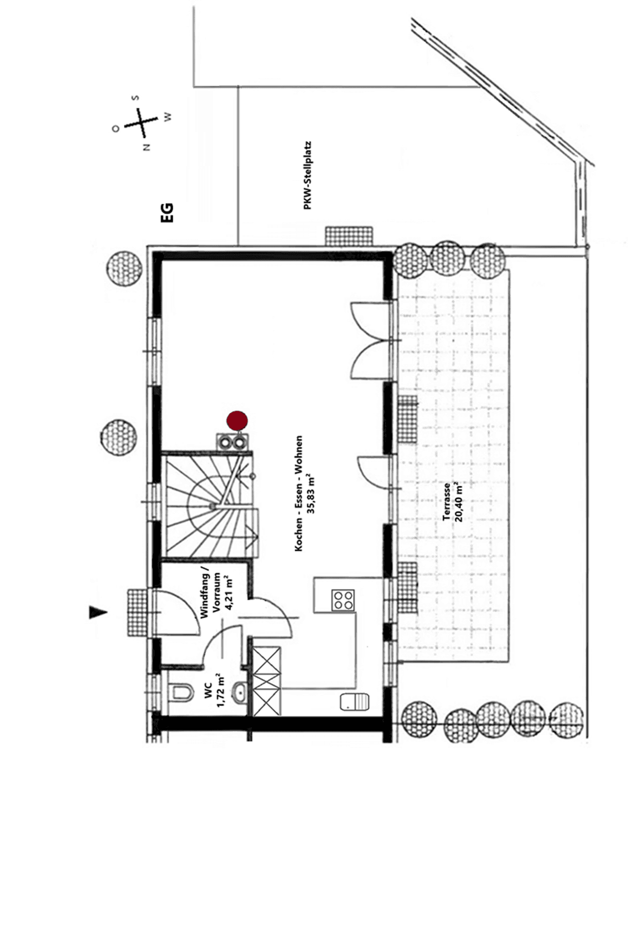 Grundriss des Erdgeschosses mit offenem Wohn-Essbereich, Küche und großer Terrasse.