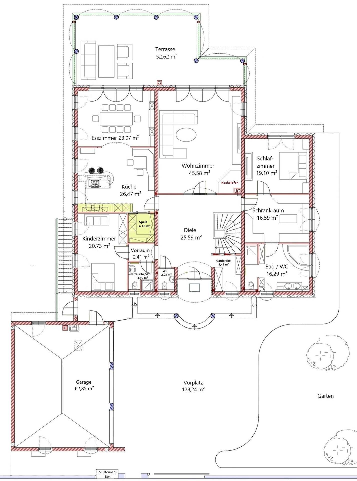Grundriss des Erdgeschosses mit offener Küche, Wohn- und Essbereich sowie Terrasse.