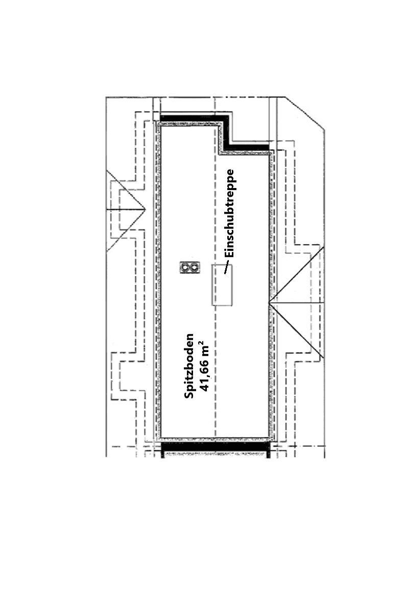 Grundriss des Spitzbodens mit Dachschrägen und Einschubtreppe, als zusätzlicher Stauraum.