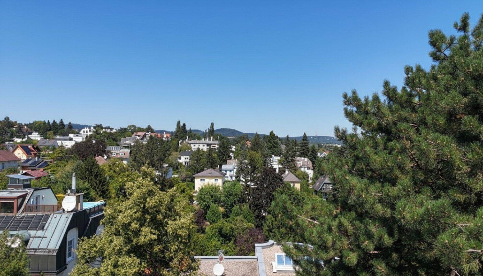 Weitläufiger Blick über eine grüne Wohngegend mit vielen Häusern und Bäumen an einem sonnigen Tag.