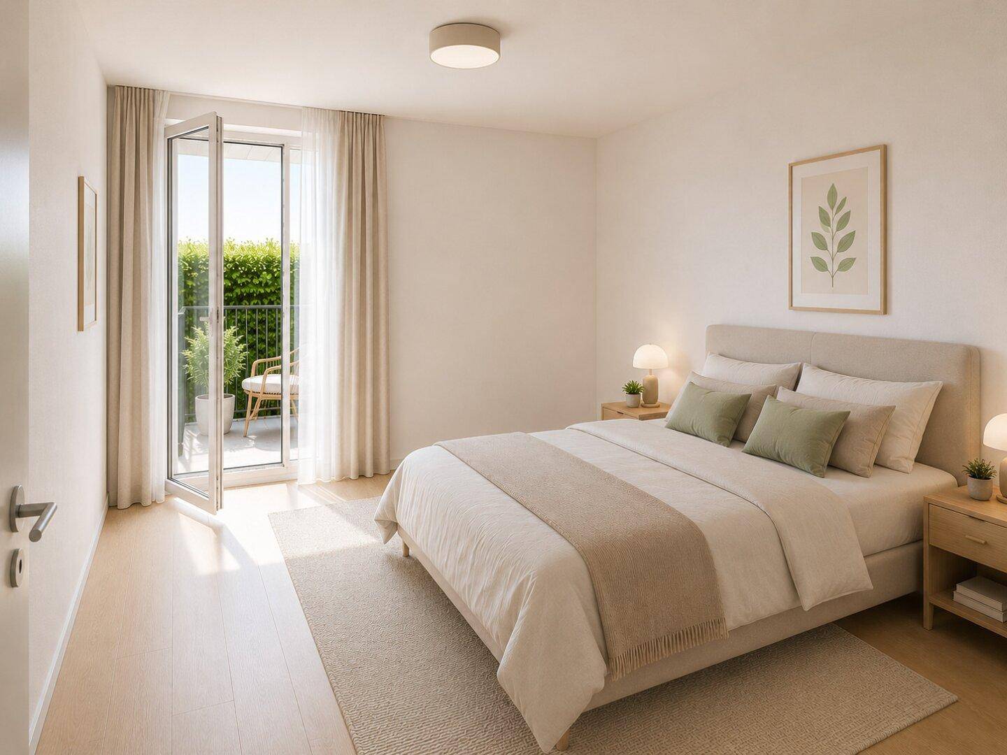 Helles Schlafzimmer mit Doppelbett, Holzboden und direktem Zugang zu einem kleinen Balkon.