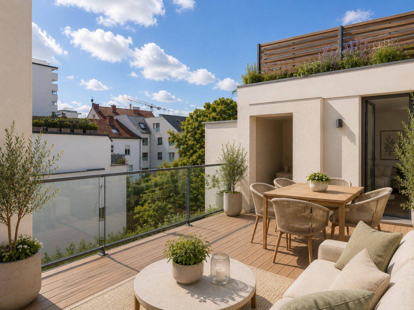Großzügige Dachterrasse mit Holzboden, modernen Gartenmöbeln und Stadtblick.