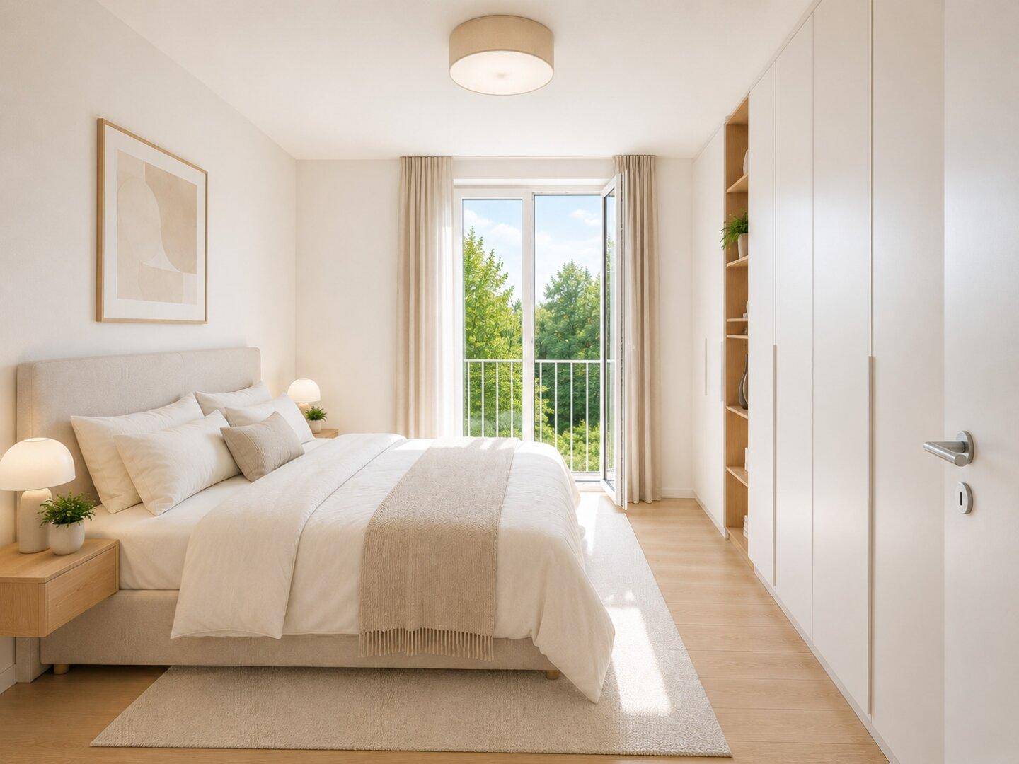 Helles Schlafzimmer mit Doppelbett, Einbauschrank und französischem Balkon mit Blick ins Grüne.
