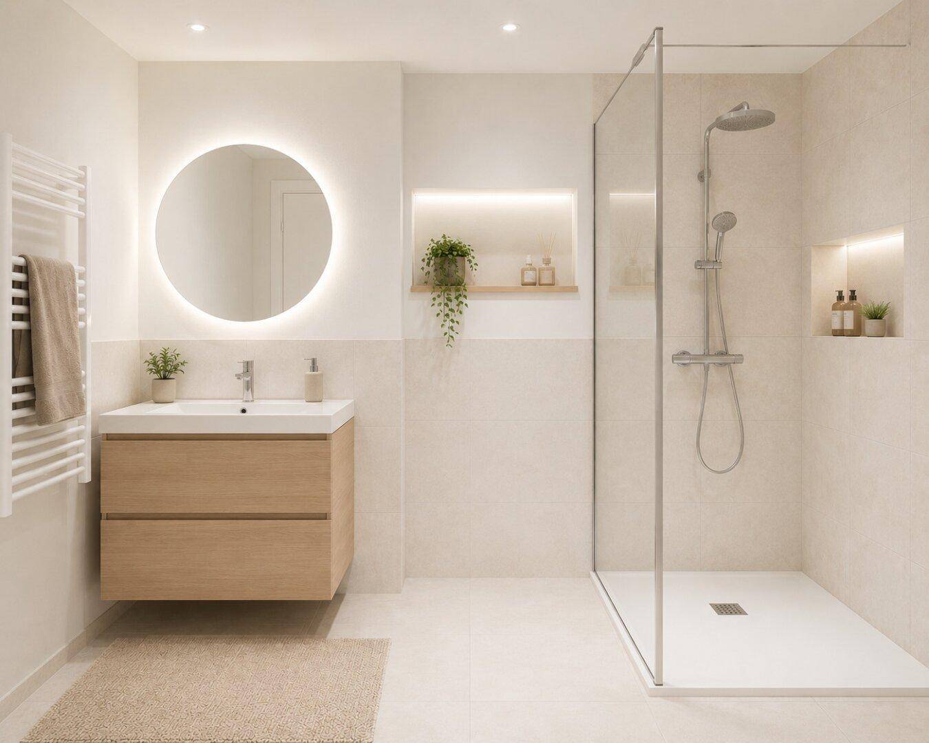 Modernes Badezimmer mit begehbarer Dusche, schwebendem Waschtisch und beleuchtetem Spiegel.