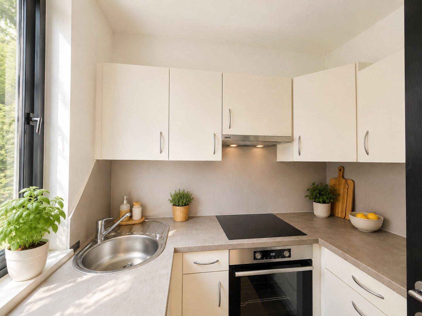 Kleine, funktionale Küche mit weißen Schränken, Induktionskochfeld und Fenster mit Grünblick.
