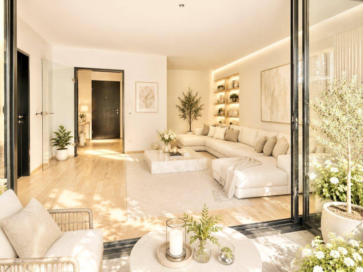 Lichtdurchflutetes Wohnzimmer mit beigem Ecksofa, Holzboden und Blick auf den möblierten Balkon.