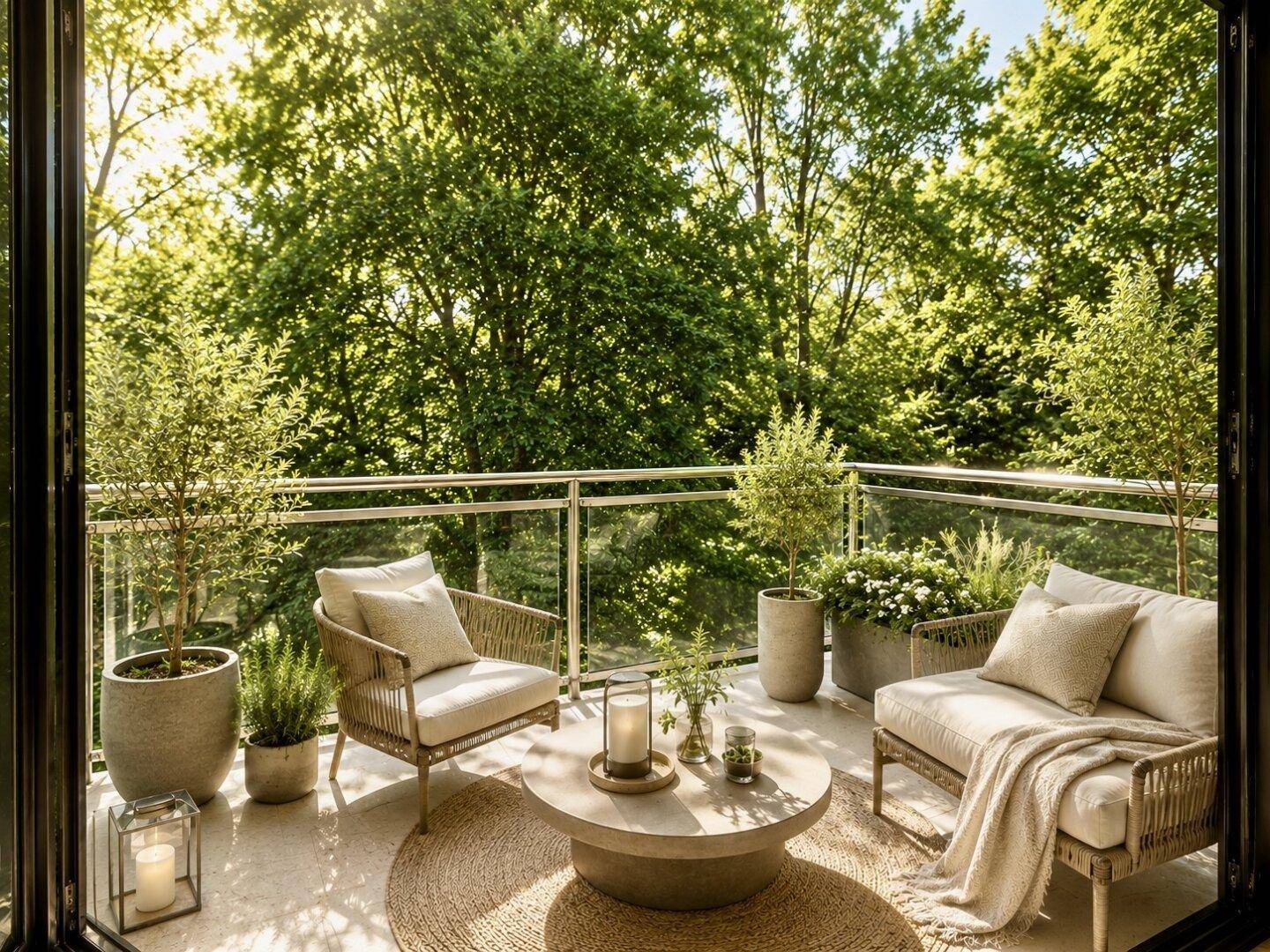Möblierter Balkon mit Glasgeländer, bequemen Sitzgelegenheiten und üppigem Grünblick.