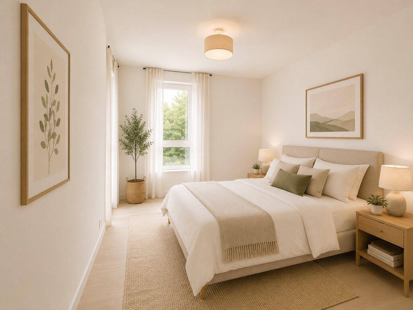 Ruhiges Schlafzimmer mit hellem Holzboden, großen Fenstern und Blick ins Grüne.