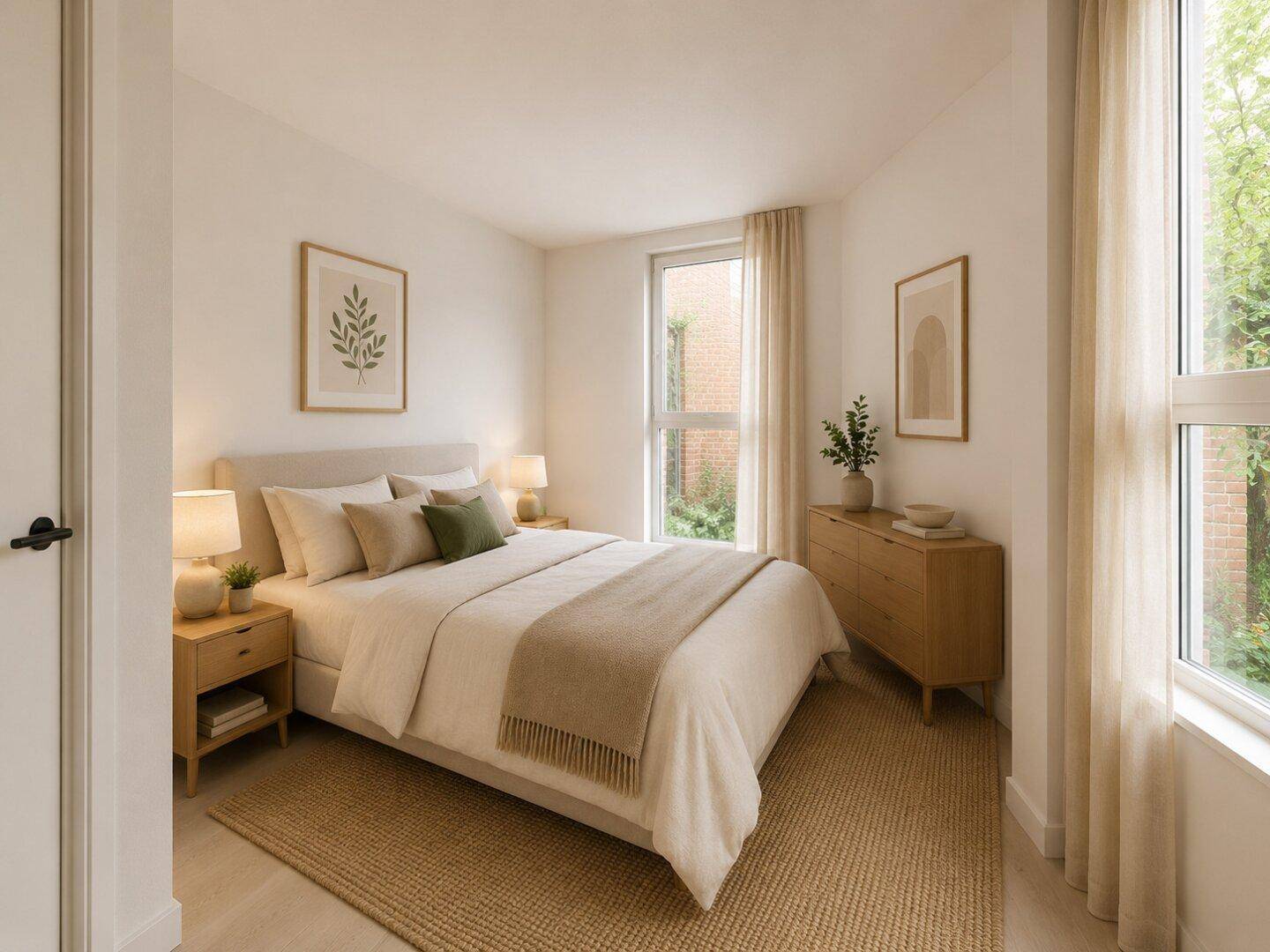Gemütliches Schlafzimmer mit großen Fenstern, Holzboden und moderner Einrichtung.