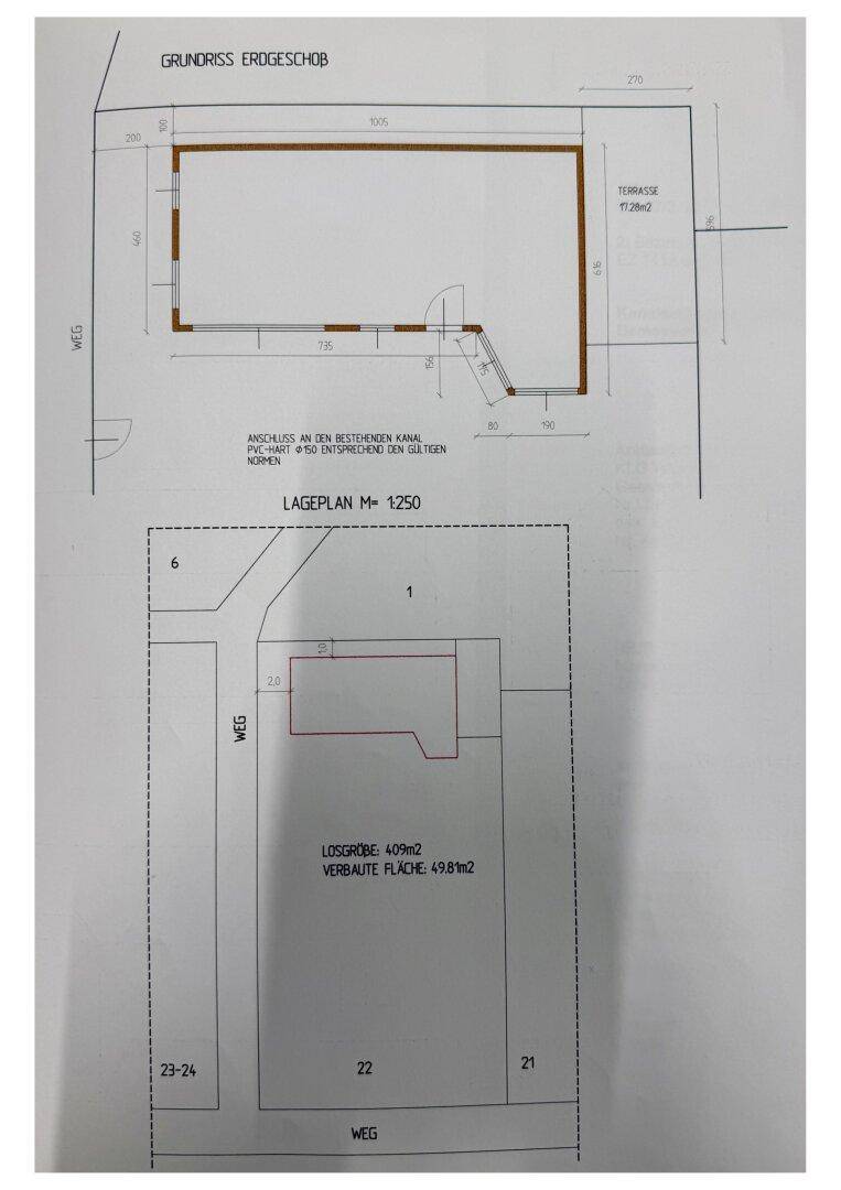 Detaillierter Grundriss des Erdgeschosses und Lageplan des Grundstücks.