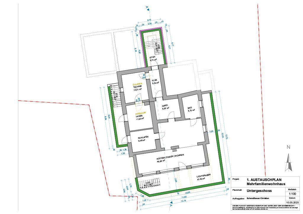 Grundriss des Untergeschosses mit Technikraum, Lager, Schlafzimmer und einem großen Wohn-Essbereich.