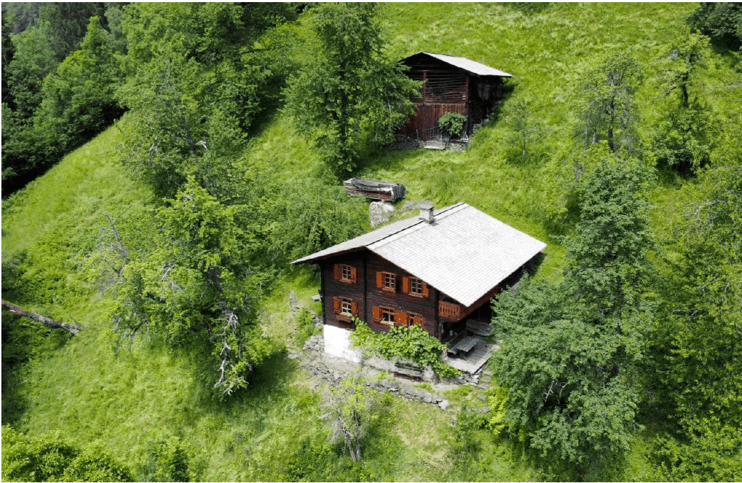 Luftaufnahme eines traditionellen Holzhauses mit Schindeldach inmitten einer grünen Berglandschaft.