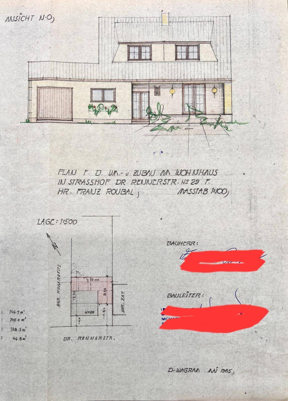 Architektonische Zeichnung des Hauses mit Fassadenansicht und kleinem Lageplan von 1985.