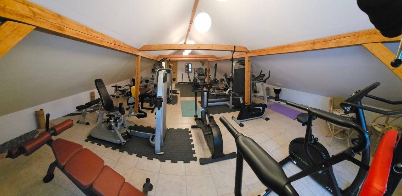 Geräumiger Fitnessraum im Dachgeschoss mit verschiedenen Trainingsgeräten und sichtbaren Holzbalken.