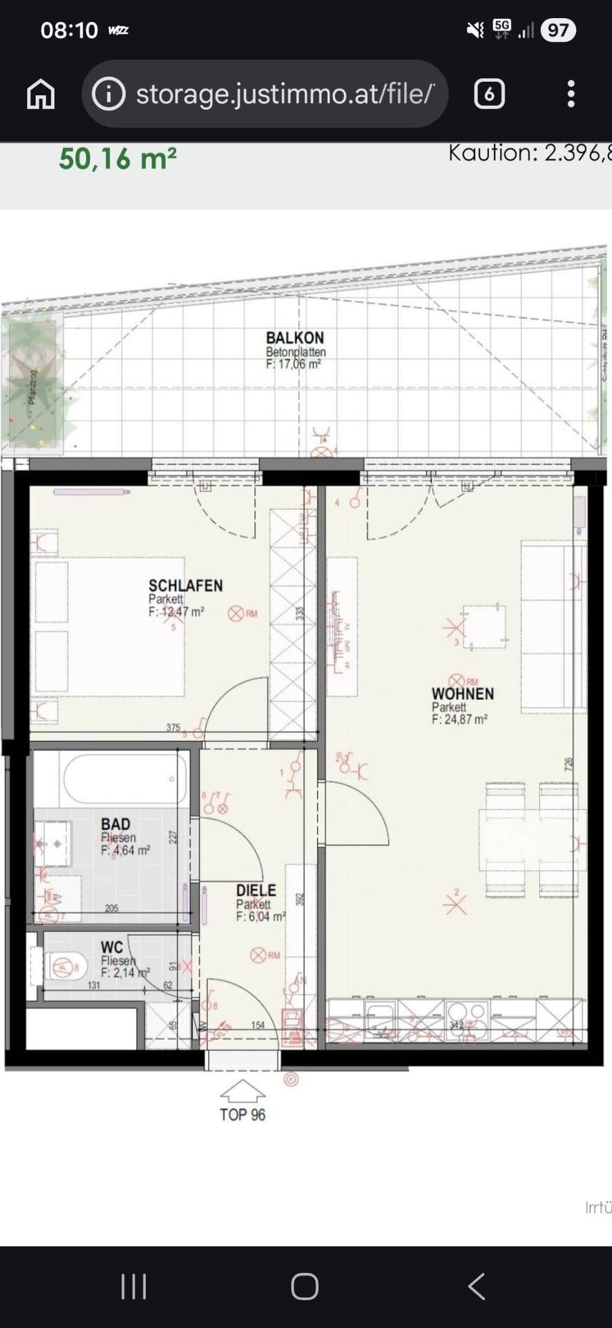 Detaillierter Grundriss der Wohnung mit Raumaufteilung und Flächenangaben in Quadratmetern.